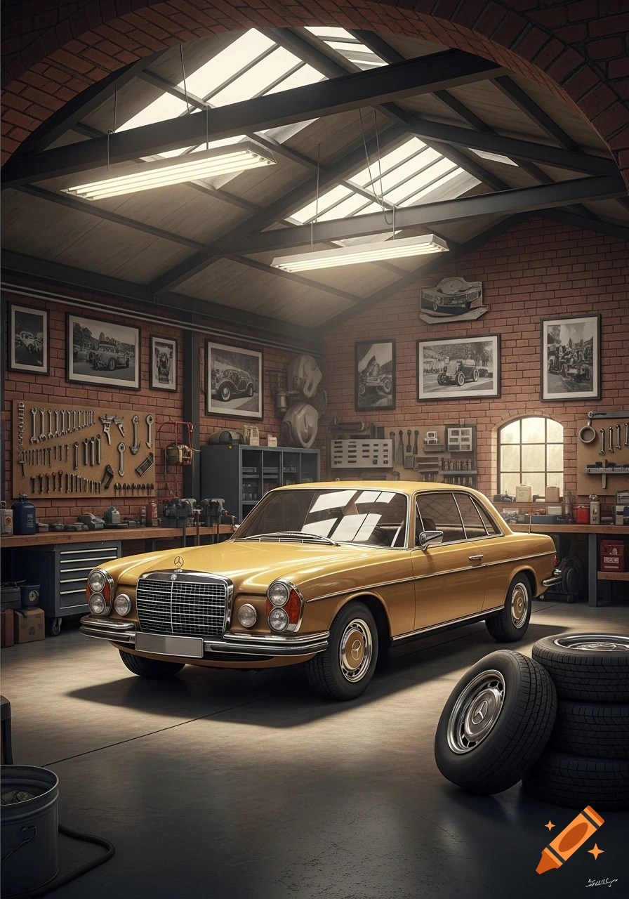 Golden classic Mercedes coupe parked in a brick-walled vintage garage with tools on display and stacked tires, photorealistic style.