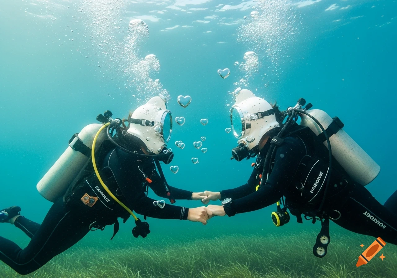 Two divers in full gear hold hands underwater, surrounded by heart-shaped bubbles above seagrass.