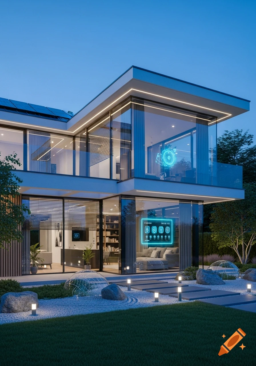 A modern smart home with large glass windows and glowing digital displays on the facade at dusk.