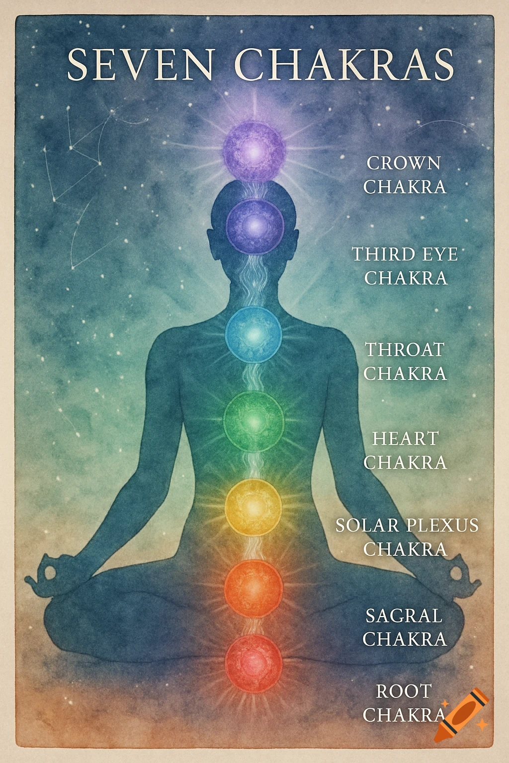 Watercolor poster of a meditating human silhouette with seven colorful chakras aligned, set against a starry cosmic background.