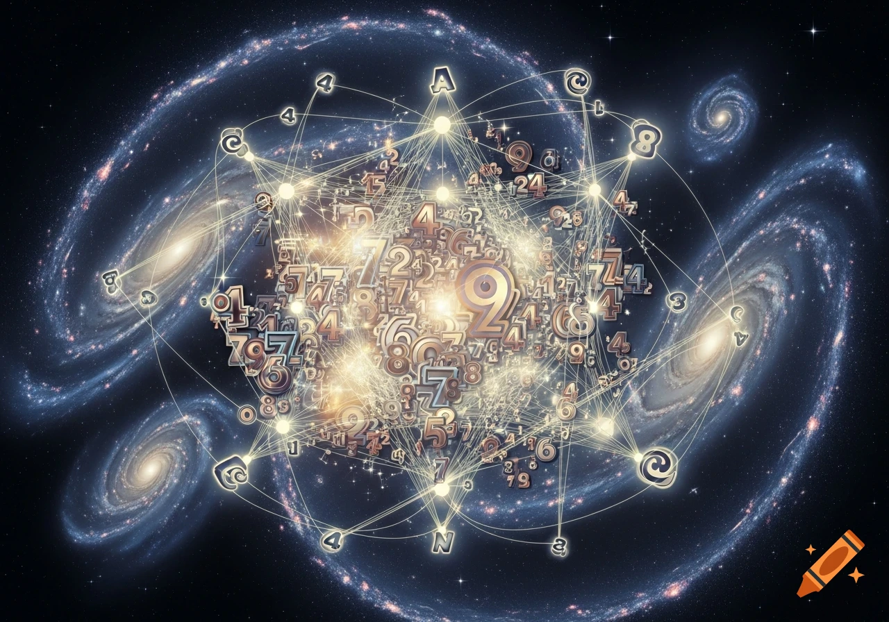 Abstract art of a glowing network of numbers and symbols amidst swirling spiral galaxies in deep space.