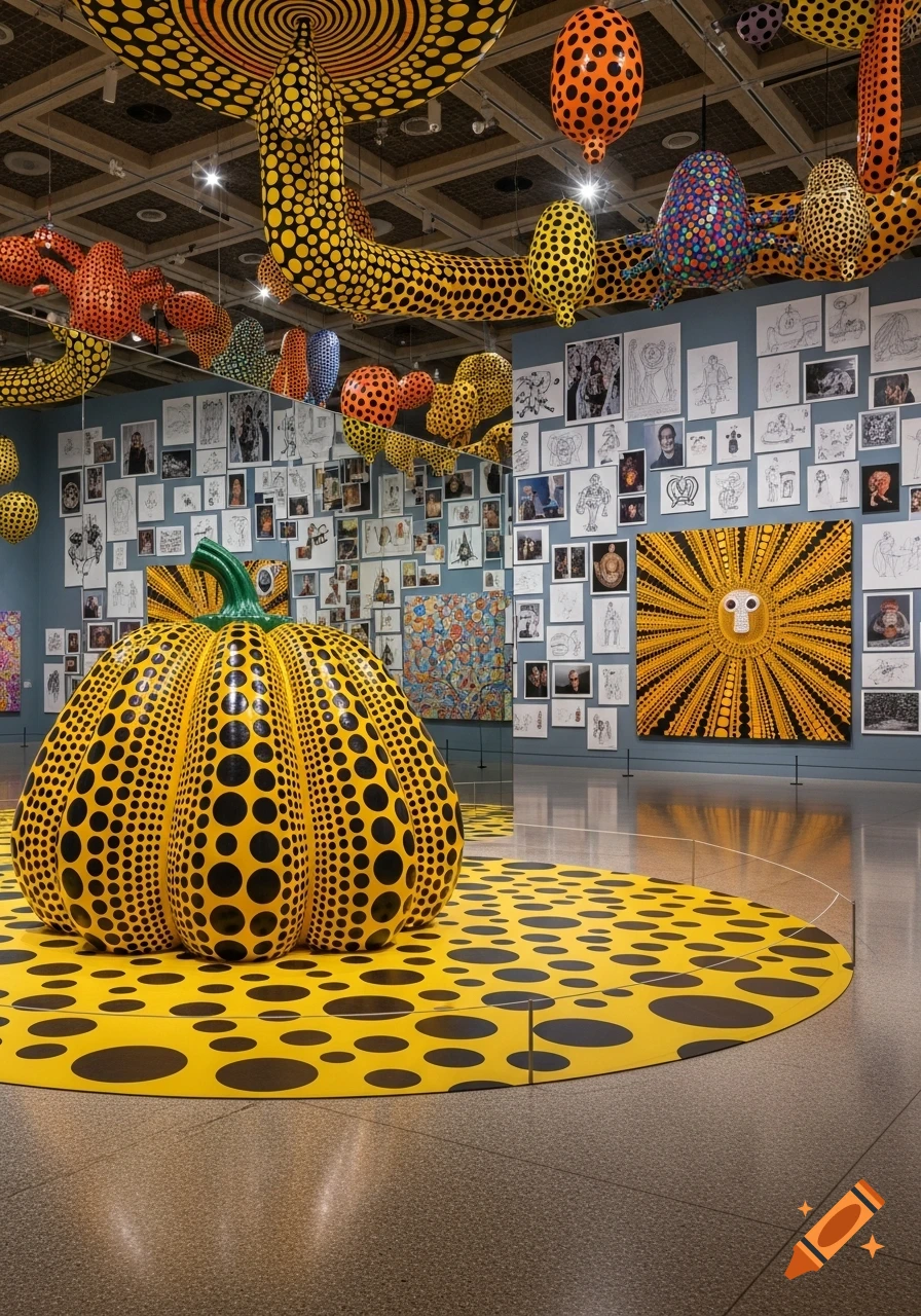 A large yellow pumpkin sculpture with black polka dots sits on a matching circular mat in an art gallery, surrounded by various dotted artworks and numerous framed drawings on the walls.