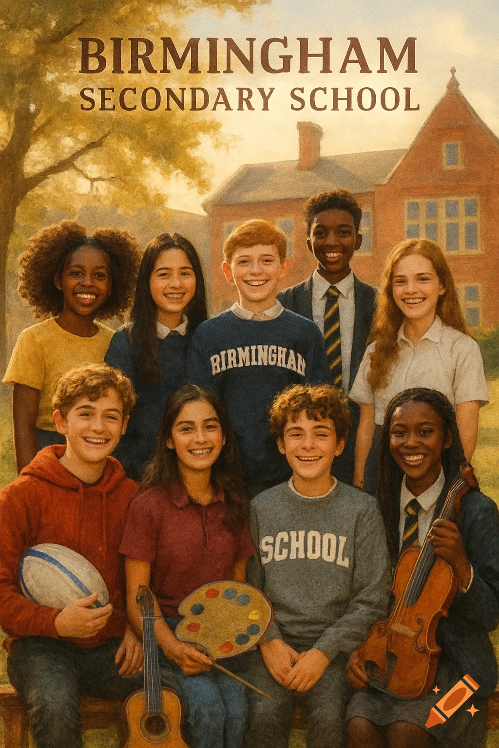 A diverse group of smiling students pose for a school yearbook photo in front of a brick building. Text on sweaters reads 'BIRMINGHAM' and 'SCHOOL'. Some hold a rugby ball, a guitar, a paint palette, and a violin. The overall style is a warm, painterly illustration.