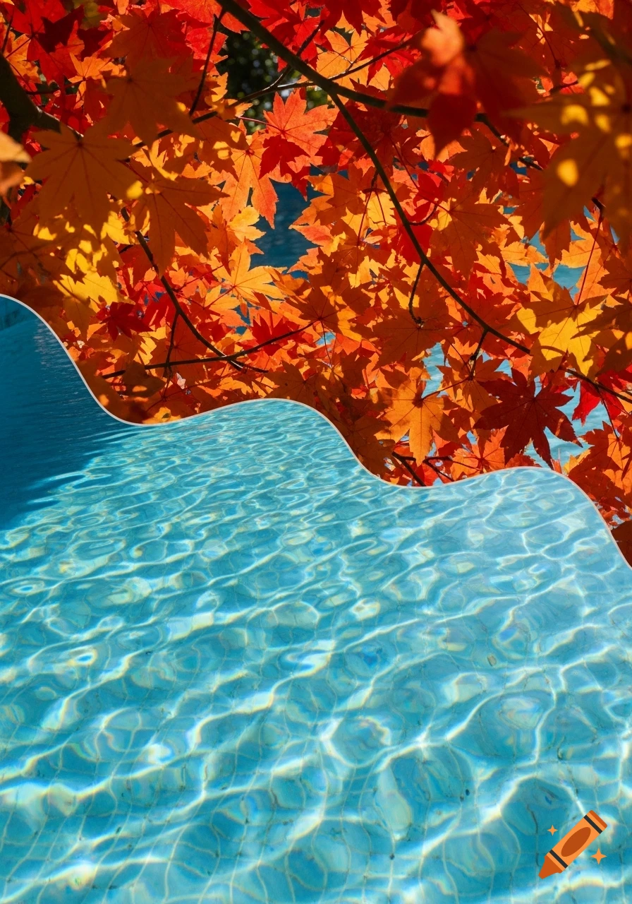 Vibrant orange and red autumn leaves hang above a sparkling blue swimming pool with rippling water, creating a split-level effect.