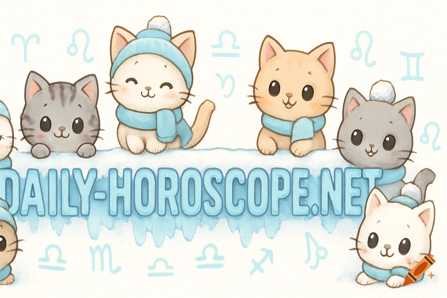 Chibi cats in blue winter clothes sit on snow around 'DAILY-HOROSCOPE.NET' text, with astrological symbols on a light background.
