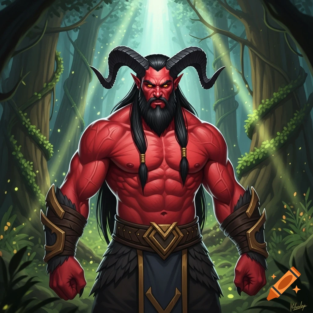 A muscular, red-skinned fantasy demon with horns, black beard, and braids, wearing armor, stands in a mystical forest with light rays.