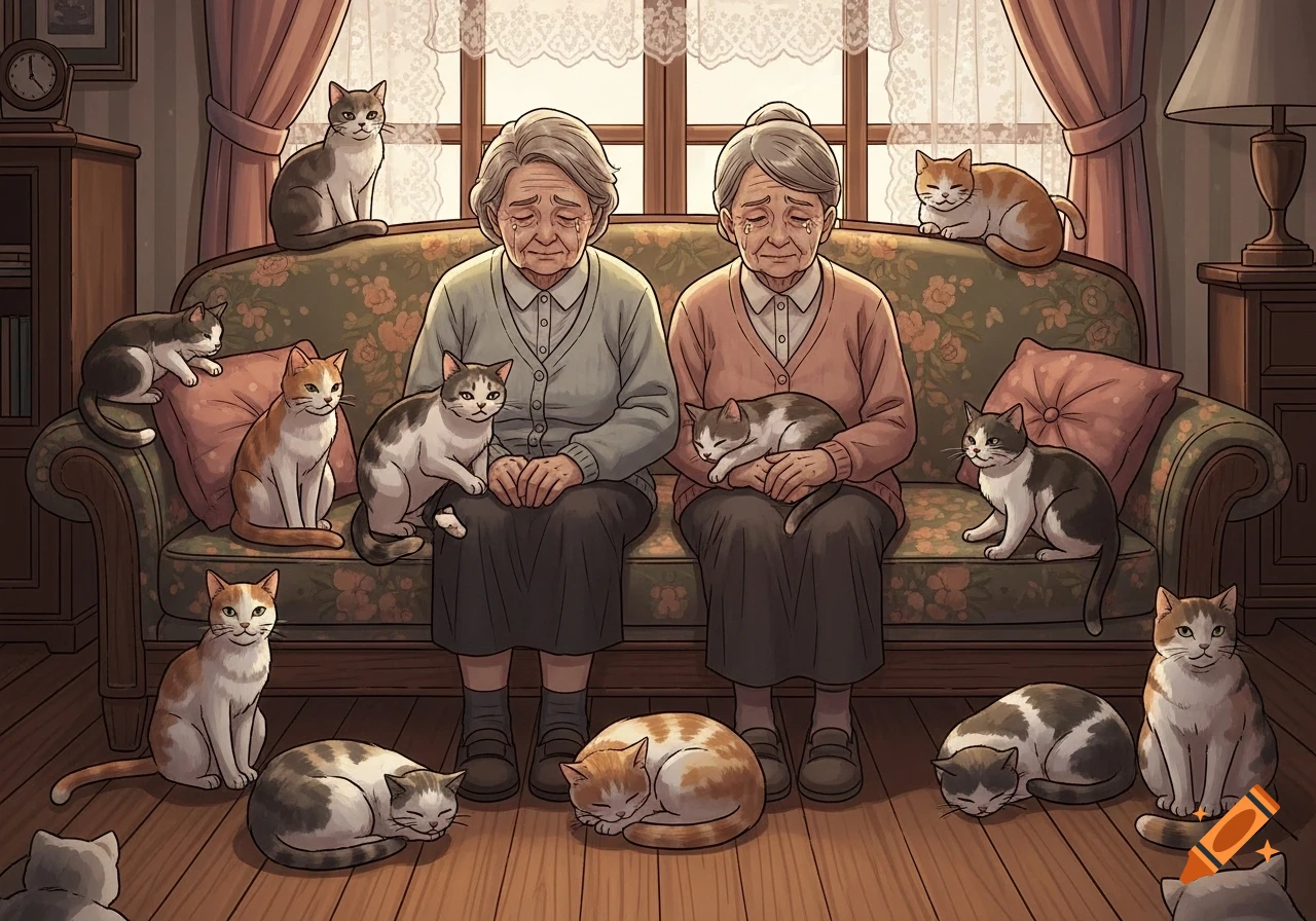 Two elderly women crying on a floral sofa, surrounded by numerous domestic cats in a cozy living room, in an illustrative style.
