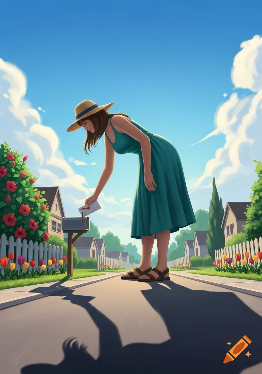 Illustrated scene of a woman in a sun hat and dress placing a letter into a mailbox on a sunny suburban street with houses and flowers.