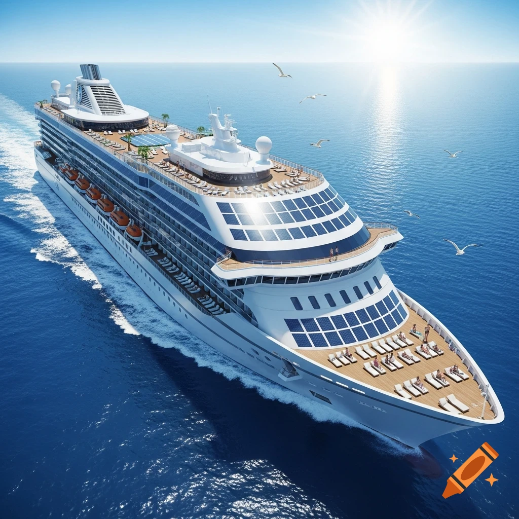 Aerial photorealistic view of a white cruise ship with solar panels sailing on a blue ocean under a bright sun with seagulls.