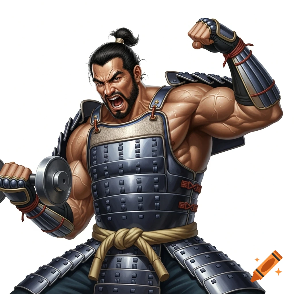 A muscular samurai in traditional armor performs a bicep curl, shouting with effort. White background, realistic style.