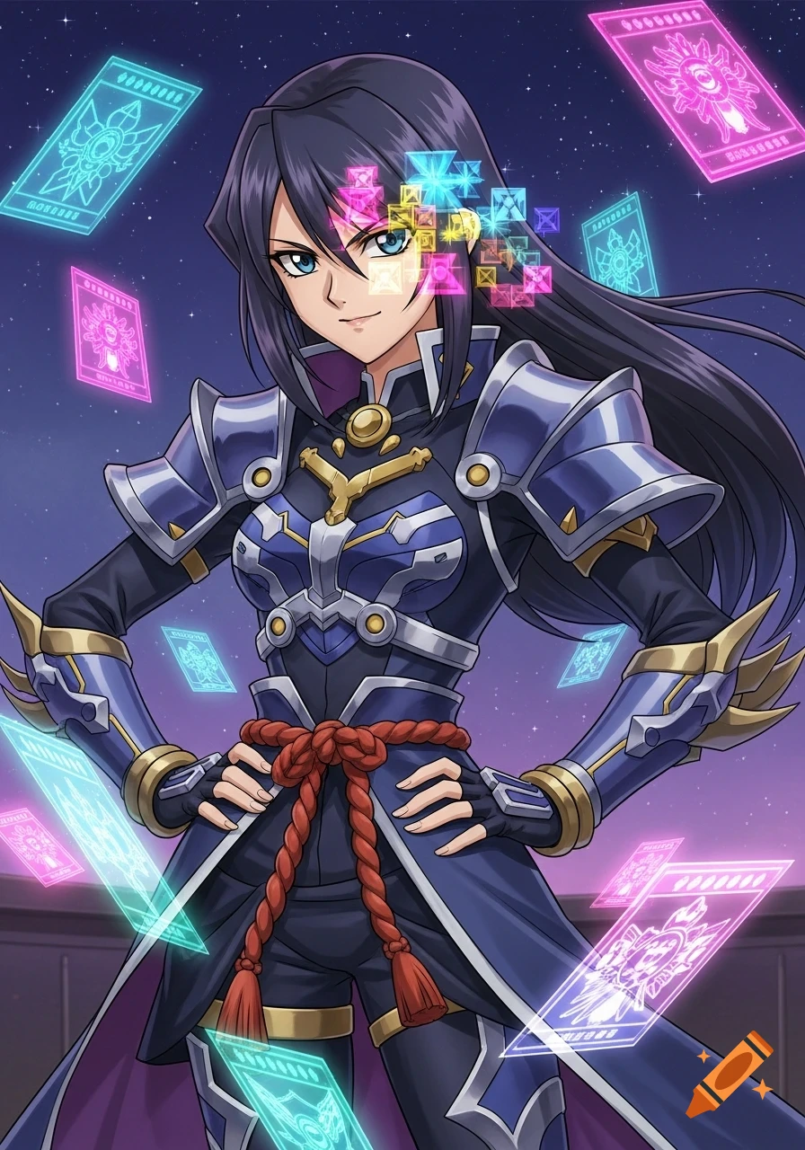 Anime character in blue and gold armor, with long dark hair, stands with glowing magenta and cyan cards against a starry night sky.