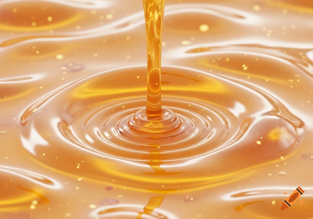 Golden honey pours into a swirling pool, creating ripples and shiny reflections.