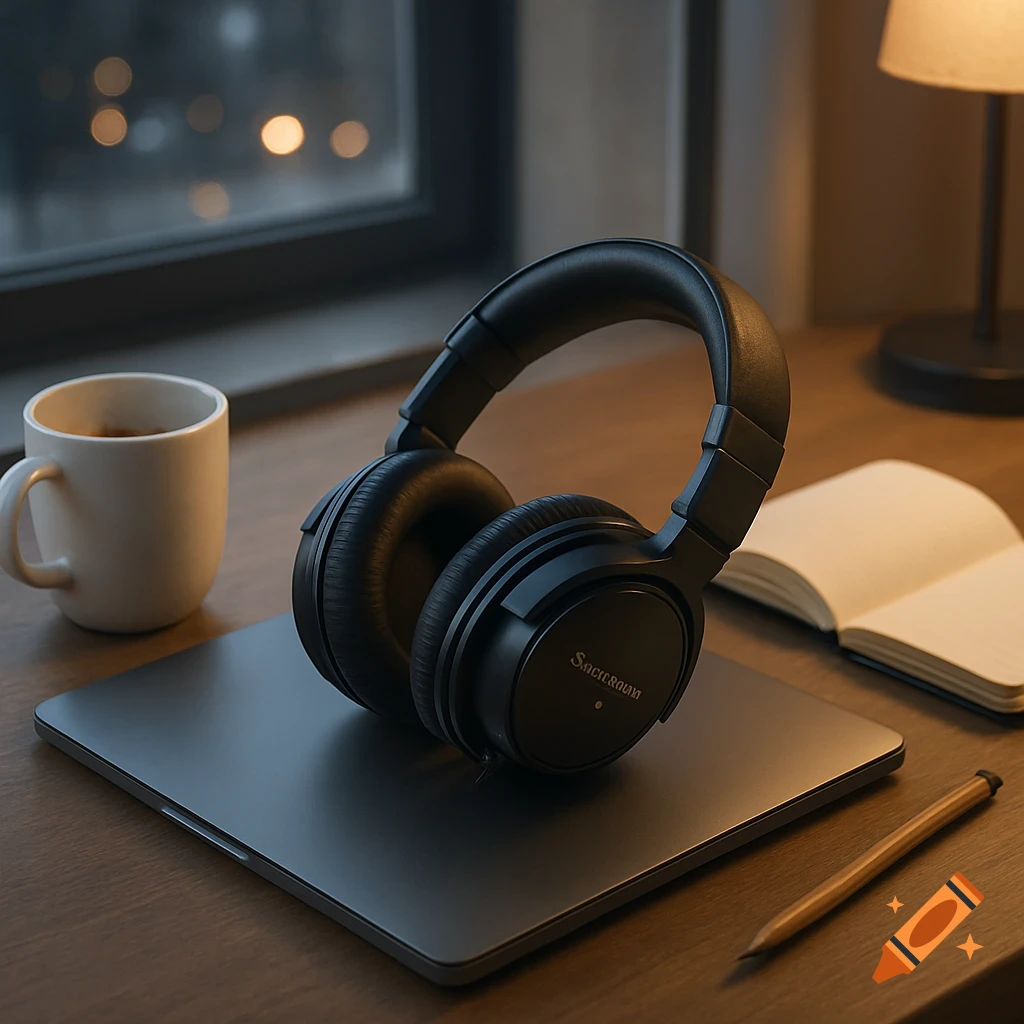 Black headphones resting on a gray laptop on a wooden desk, next to a white mug, an open notebook, and a pencil.