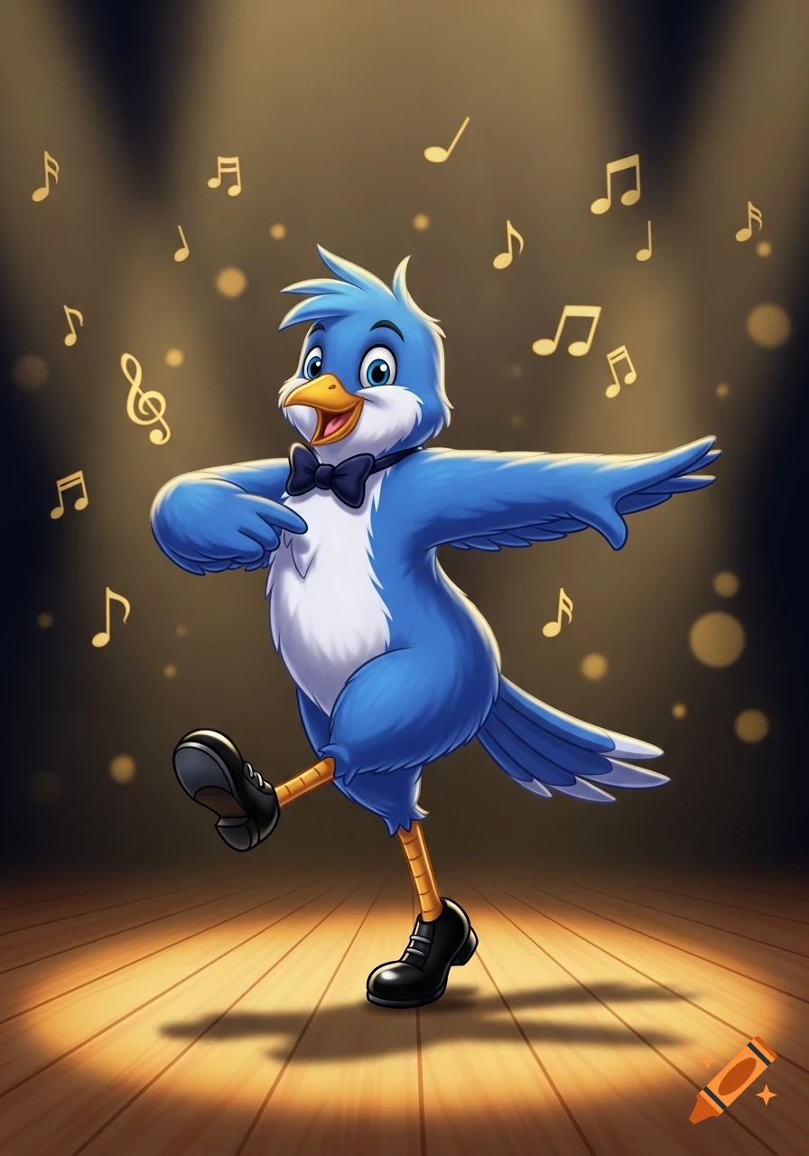 A 2D cartoon bluebird in a bow tie and tap shoes dances on a stage, surrounded by musical notes.