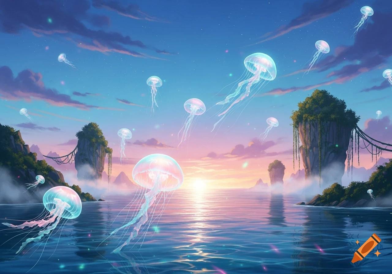 Vibrant fantastical sunset with glowing blue and pink jellyfish floating above calm water and rocky, vine-covered islands.