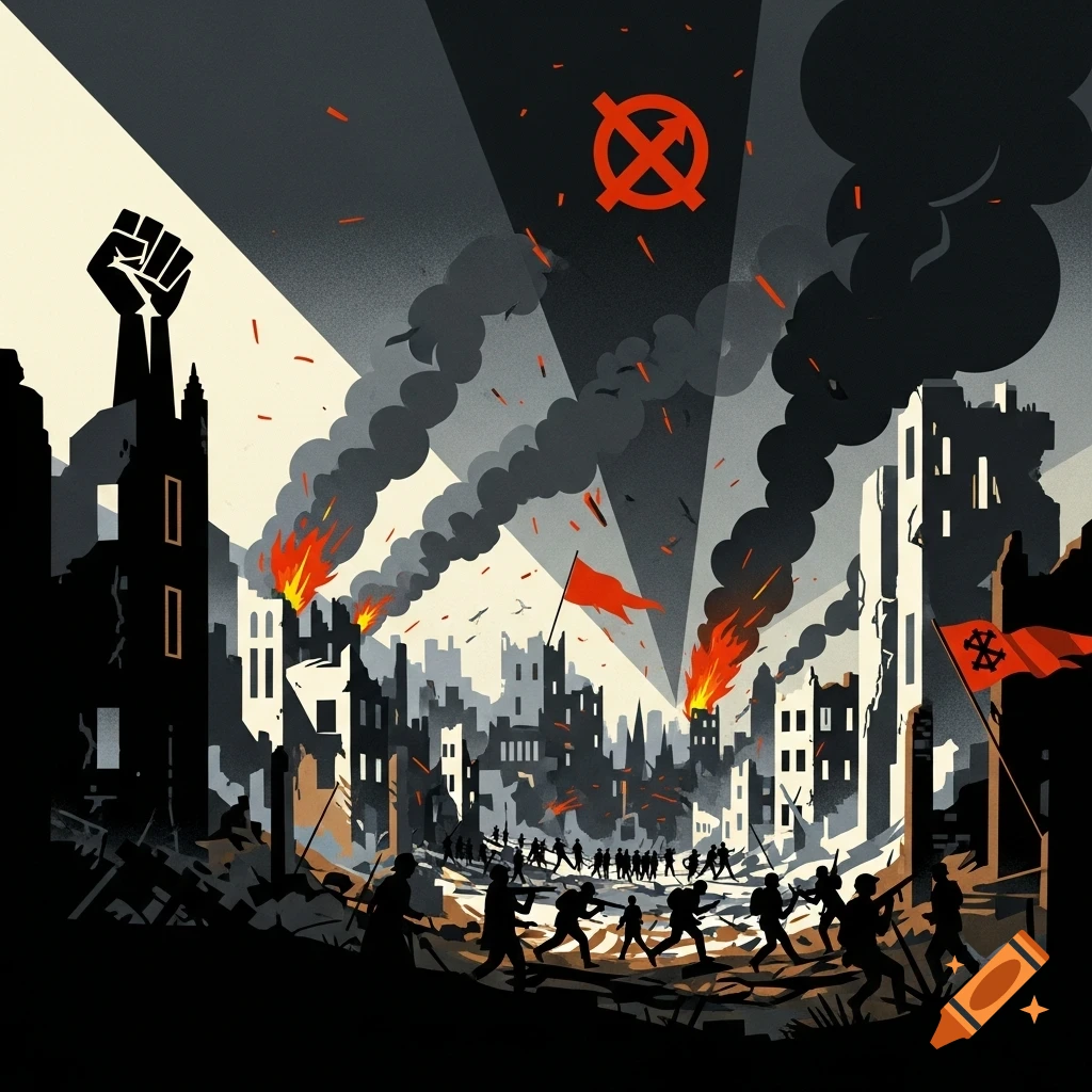 Stylized propaganda illustration of a bombed city with burning buildings and silhouetted soldiers, featuring a raised fist and symbolic flags under searchlights.