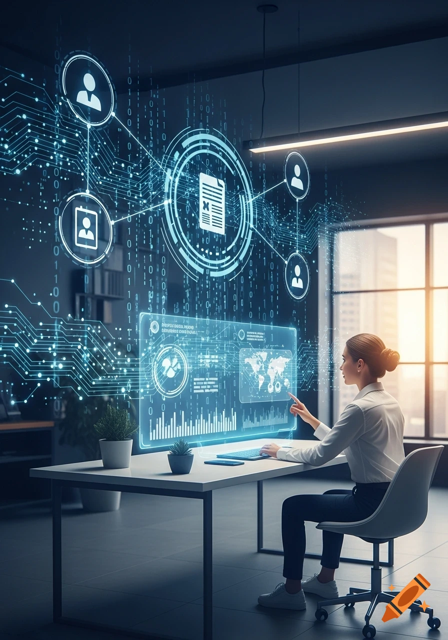 A woman in an office interacts with a large holographic screen displaying data, networks, and business information, illustrating digital HR processes.