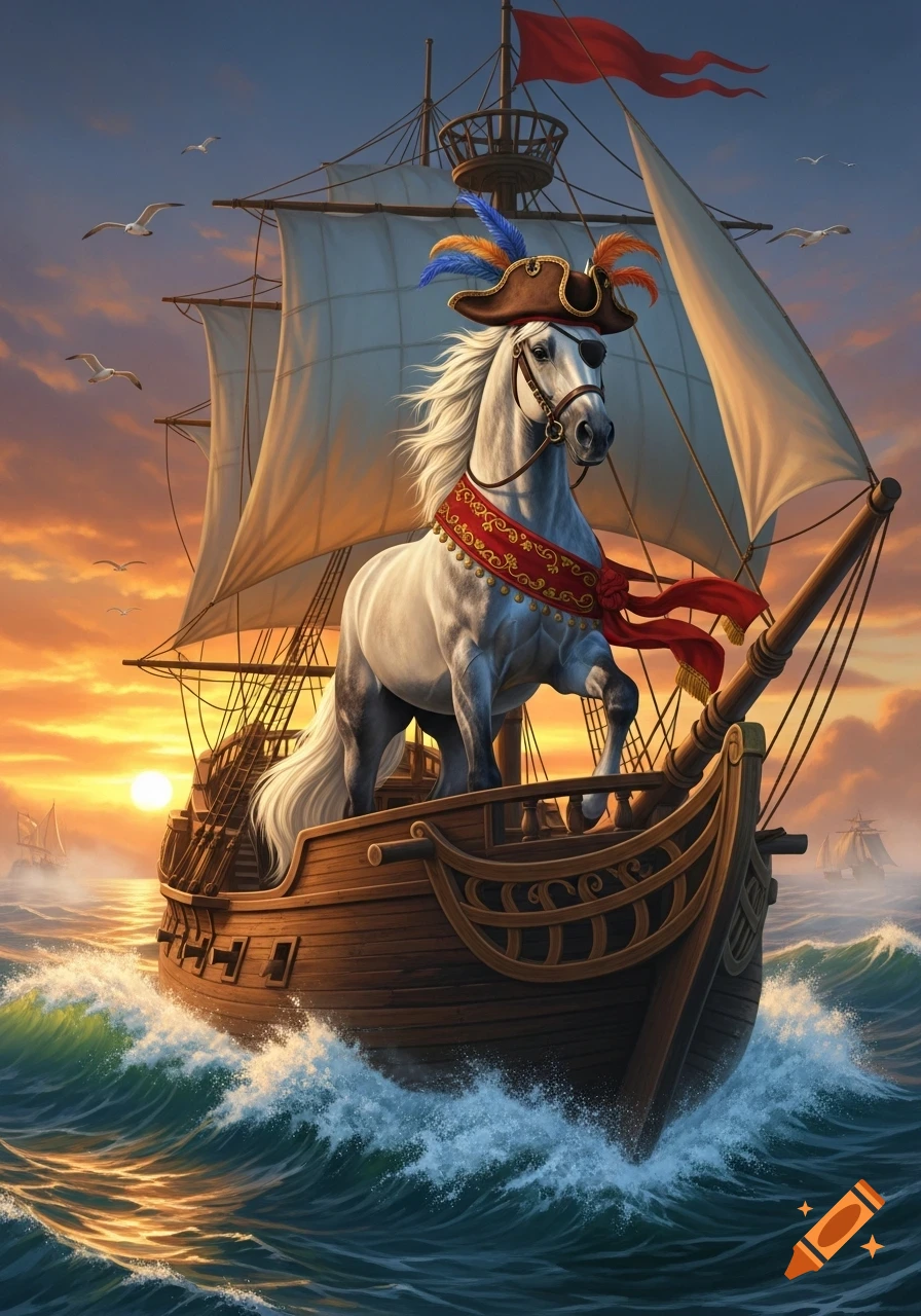 A white horse wearing a pirate hat and red sash stands proudly on the bow of a sailing ship, with seagulls flying against a dramatic sunset sky.