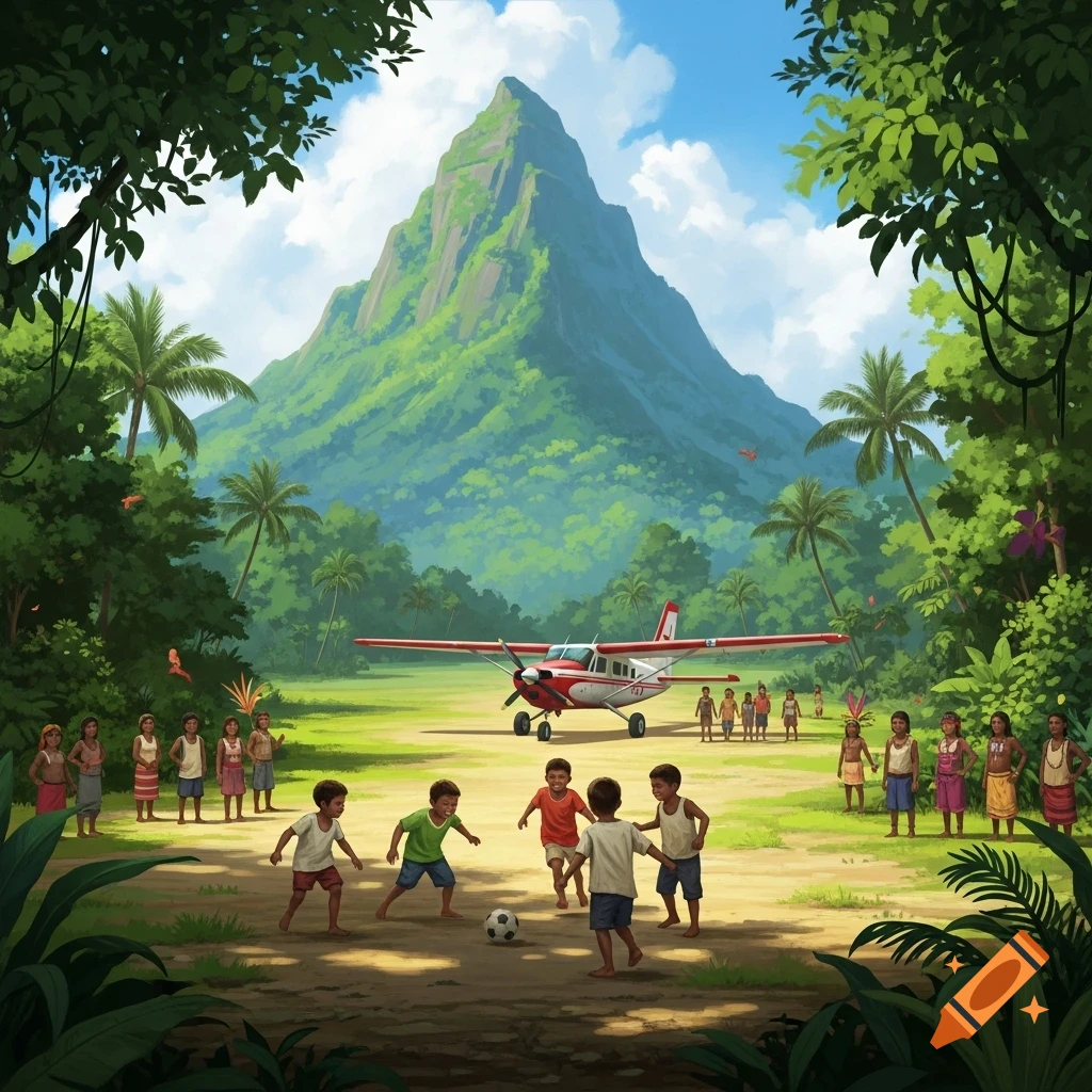 Vibrant illustration of children playing soccer on a jungle airstrip, with a red plane and villagers before a towering green mountain.