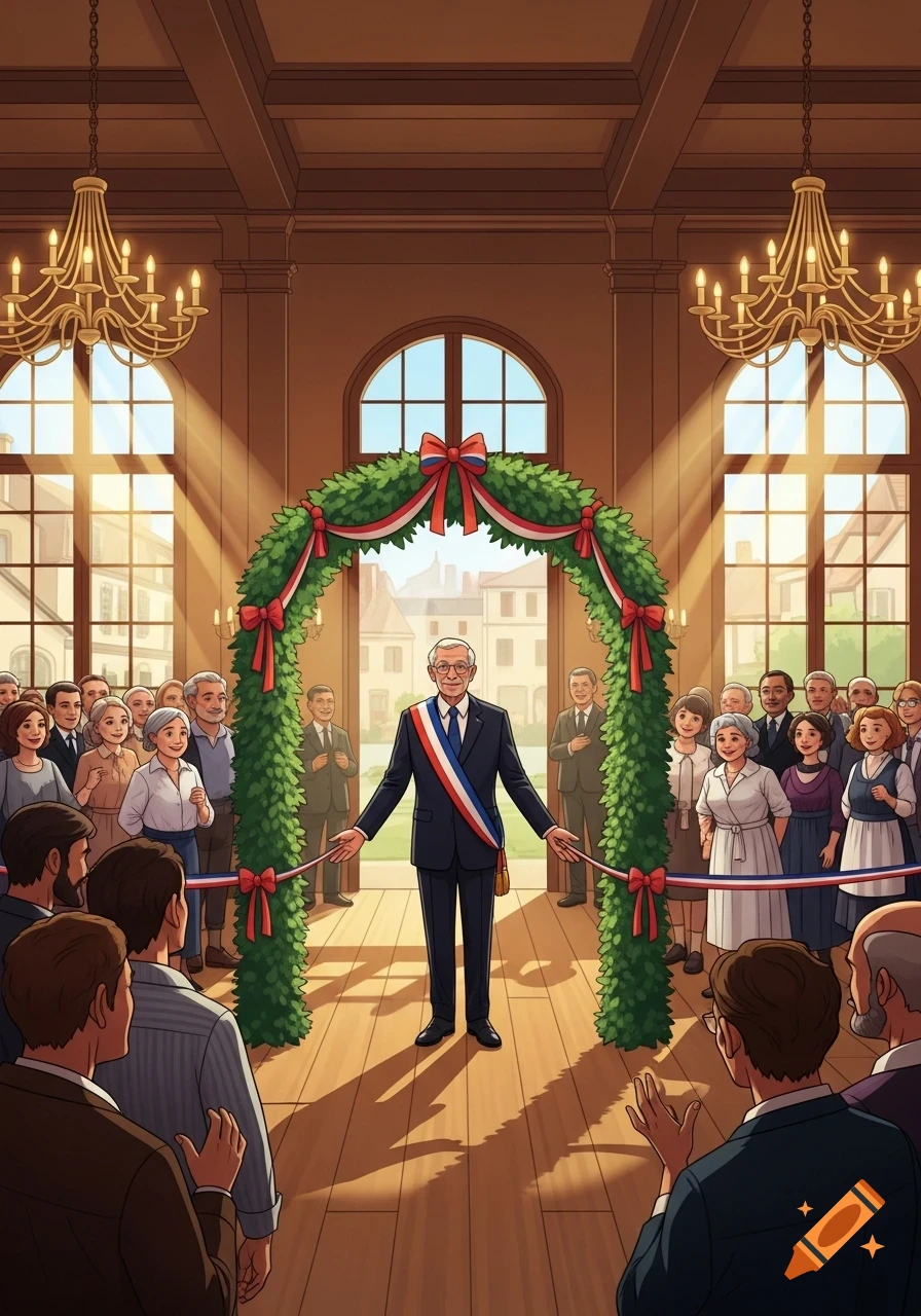 Illustration of a mayor in a sash cutting a ribbon at a public inauguration in a grand hall, surrounded by a smiling crowd.
