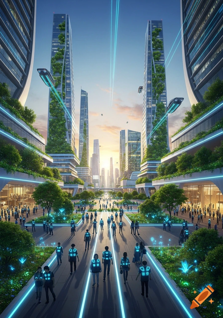 A vibrant futuristic city at sunset with tall buildings covered in greenery, flying vehicles, and people in glowing outfits on a plaza.