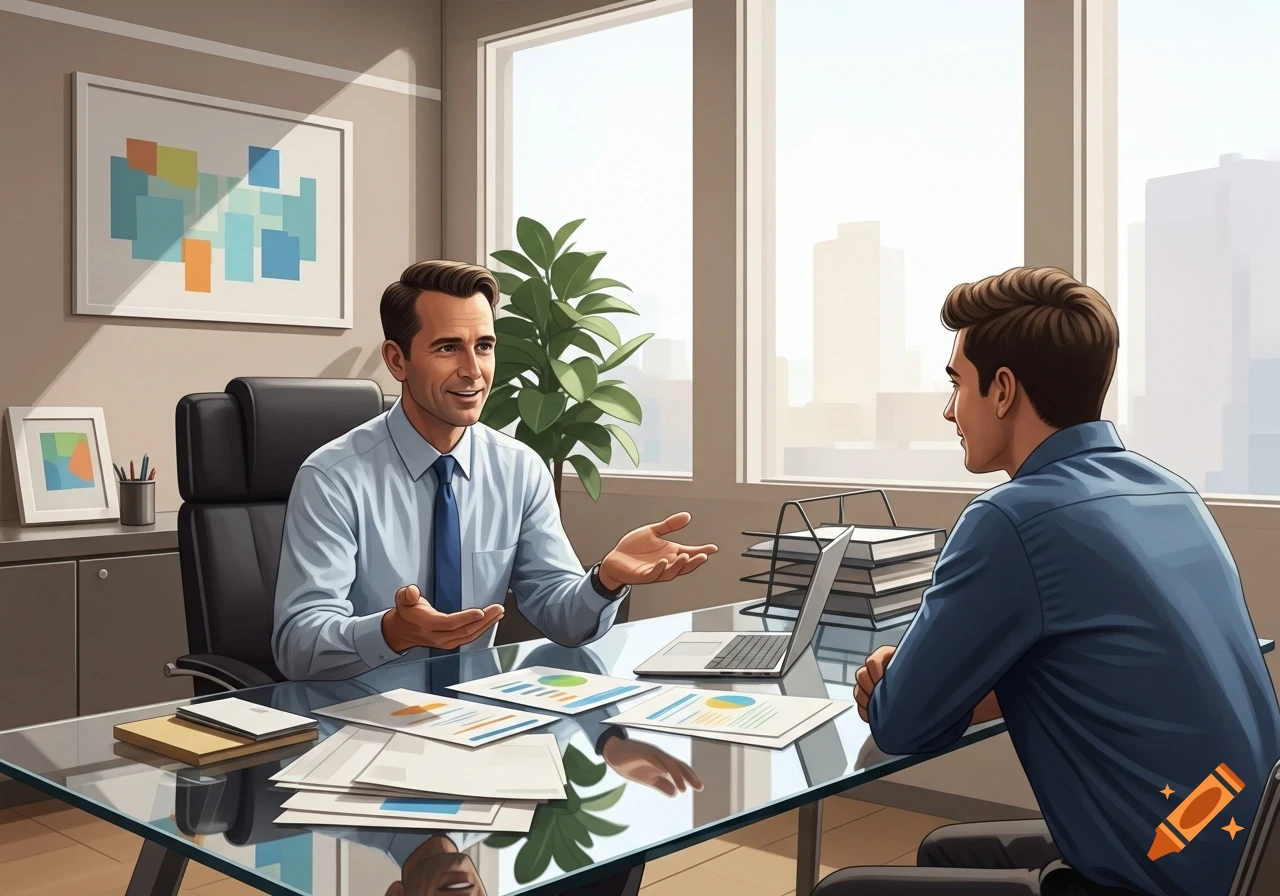 Two men discuss across a glass desk in a modern office, one gesturing as a counselor, with documents and a laptop, in an illustrative style.