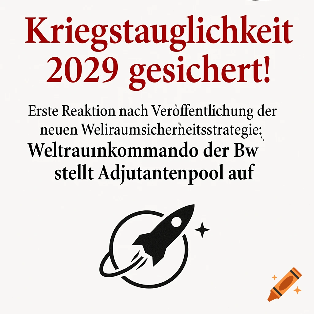 German headlines 'War-fitness 2029 secured!' and 'Space Command of the Bw sets up adjutant pool' with a black rocket icon.