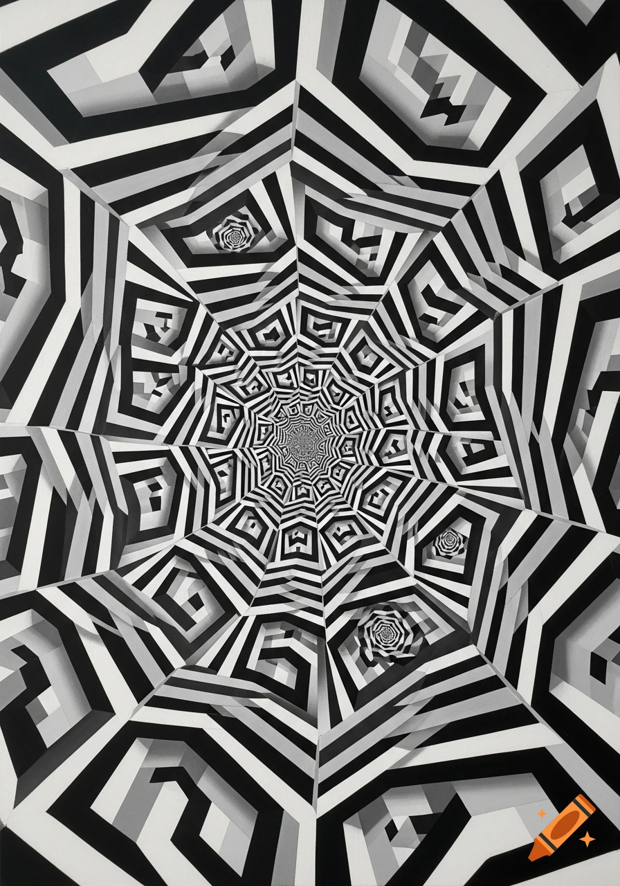 A dizzying black, white, and gray optical illusion depicting a converging tunnel of geometric, striped, polygonal patterns.