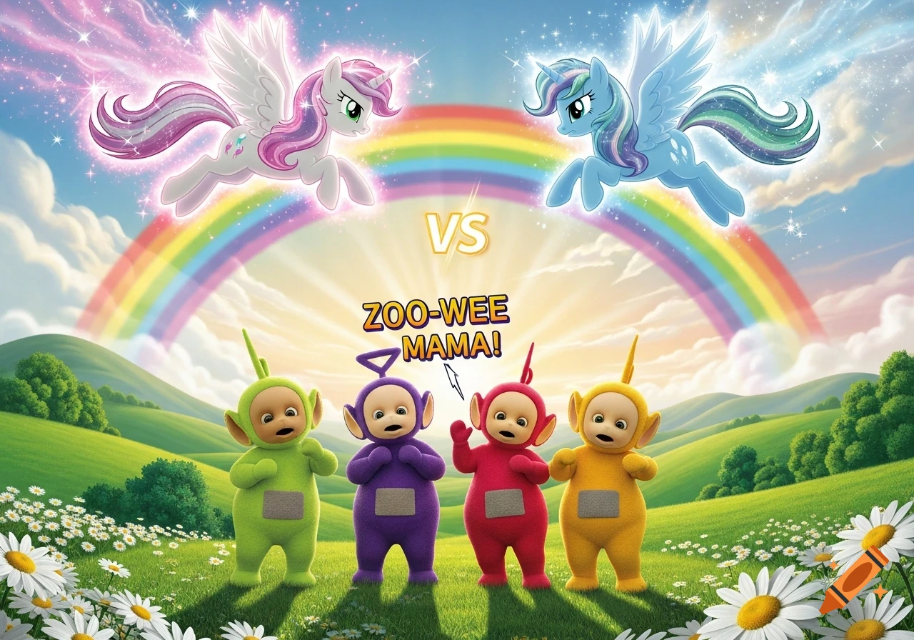 Two winged ponies hover over a rainbow, facing each other, with four Teletubbies below in a vibrant green field. Text reads "VS" and "ZOO-WEE MAMA!"