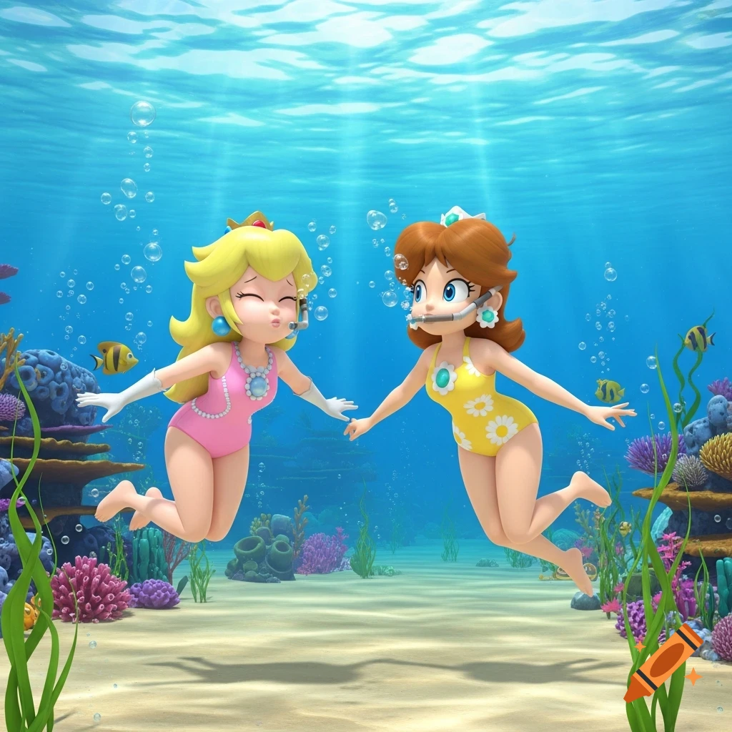 Princess Peach and Princess Daisy swim underwater, holding hands, surrounded by colorful coral and fish, with sunbeams from above.