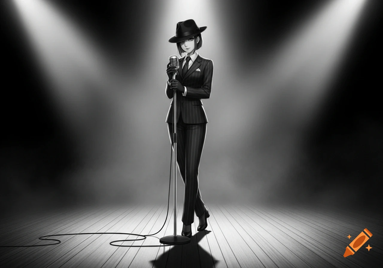 Anime girl in a pinstripe suit and fedora holding a vintage microphone under dramatic spotlights, black and white style.