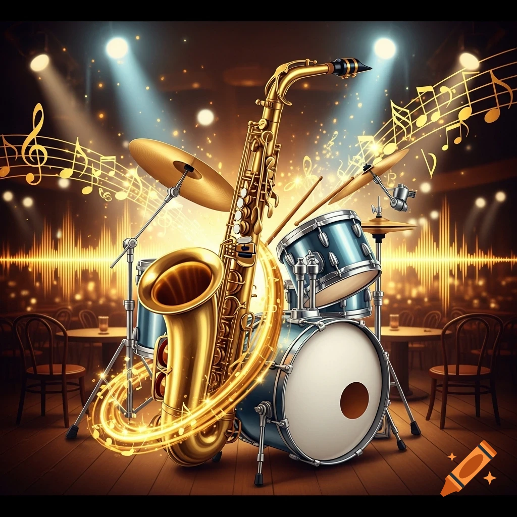 A golden saxophone and blue drum kit glow on a stage, surrounded by floating musical notes and sparkling lights in a stylized render.