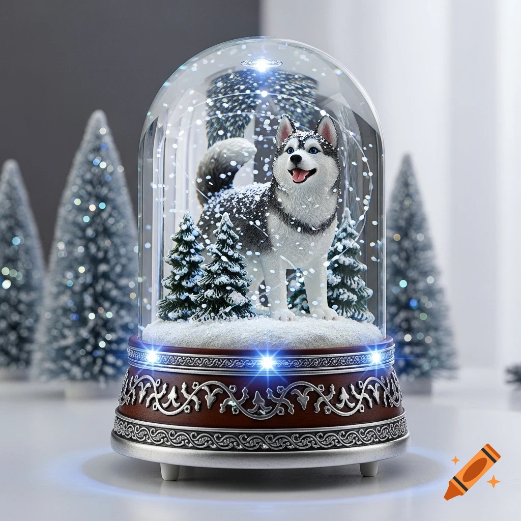 A husky figurine inside a clear snowglobe, surrounded by miniature snow-covered trees and sparkling lights on a decorative base.