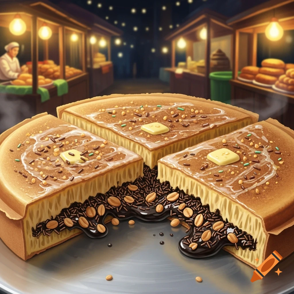 A close-up of a sliced Martabak Manis (Indonesian sweet pancake) filled with chocolate and peanuts, topped with sprinkles and butter, in a night market.