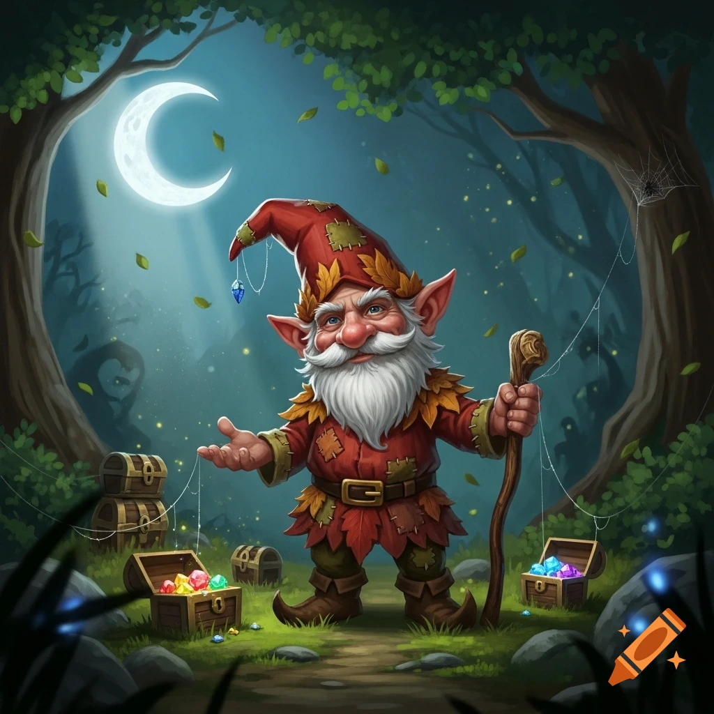 A cartoon gnome with a red hat, white beard, and leafy tunic holds a staff, standing in a moonlit forest with open treasure chests full of colorful gems.