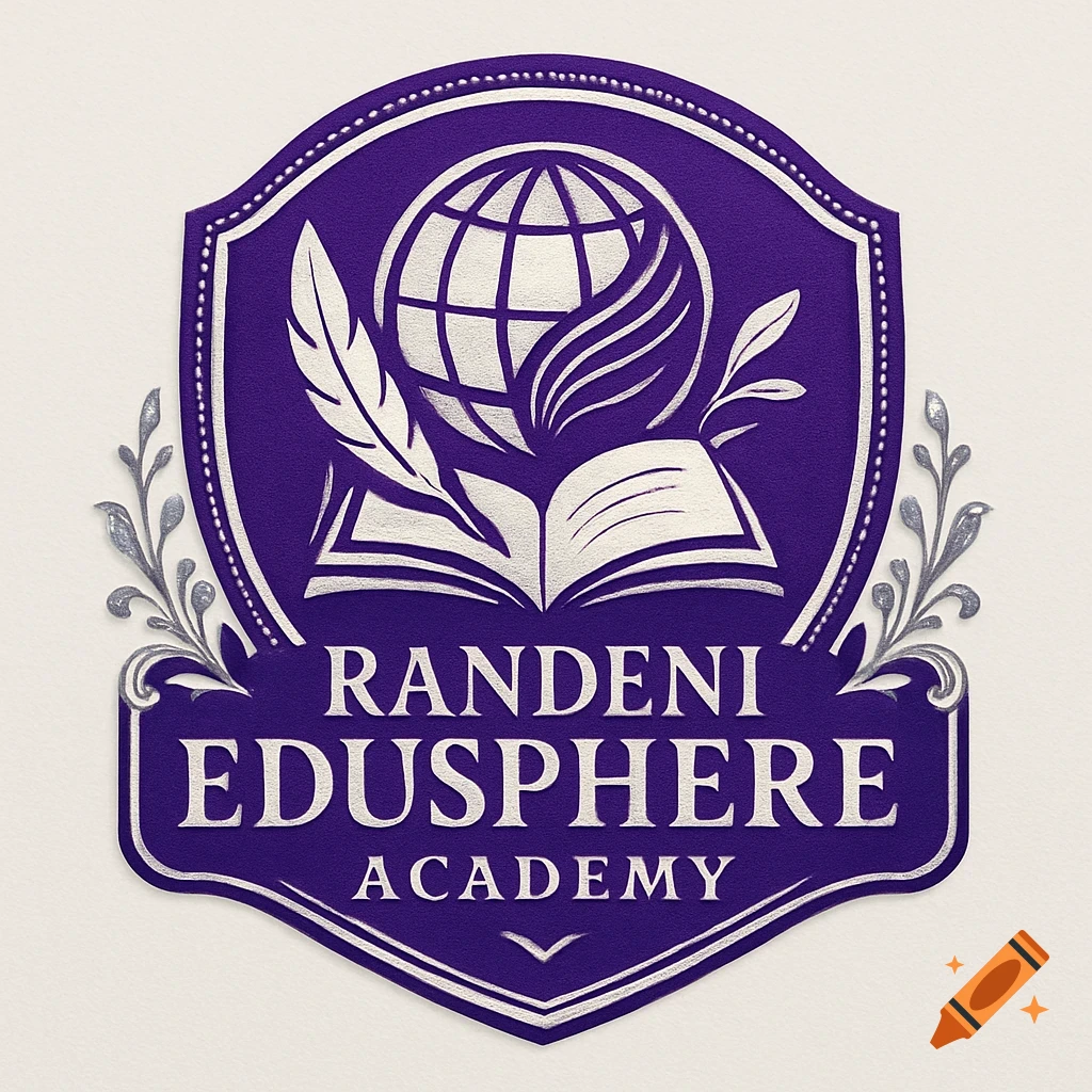 Purple and silver emblem for Randeni Edusphere Academy, featuring a globe, open book, and quill.