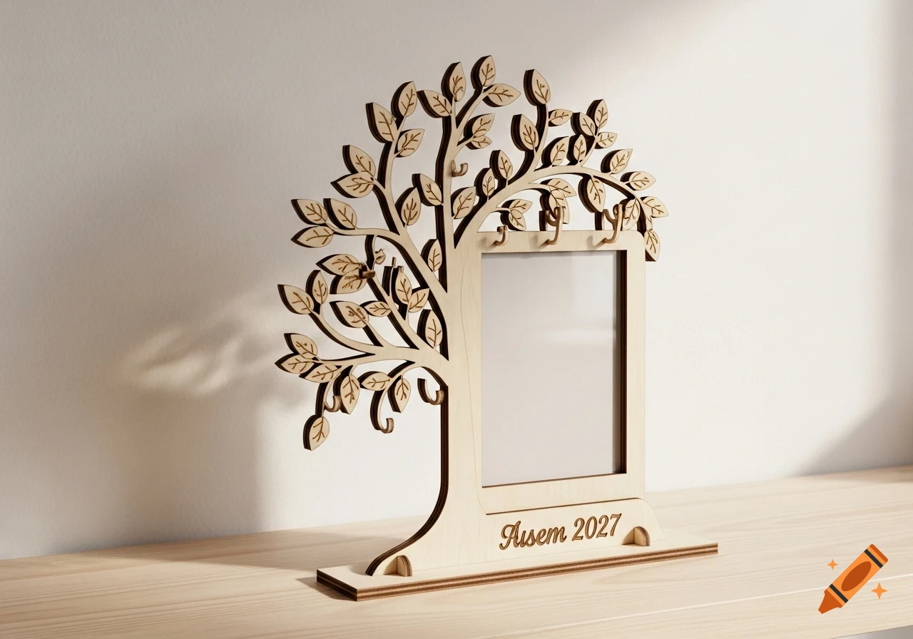 A laser-cut wooden tree-shaped photo frame with leaf patterns, small hanging hooks, and 'Ausem 2027' engraved at the base, on a light wooden shelf.