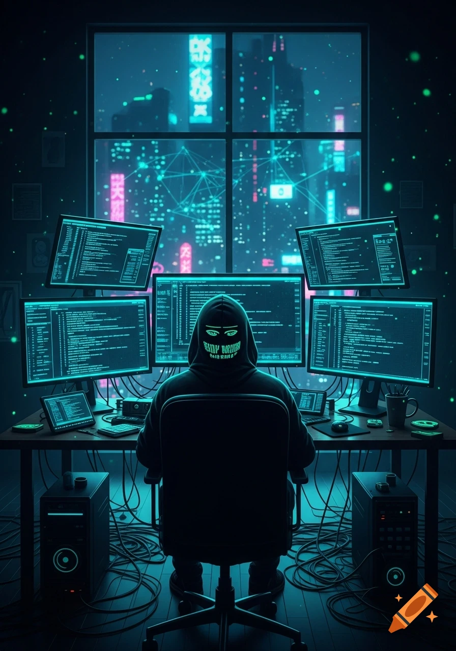 A hooded hacker sits in a dark room, surrounded by six glowing monitors displaying code. A neon-lit cyberpunk city is visible through a large window.