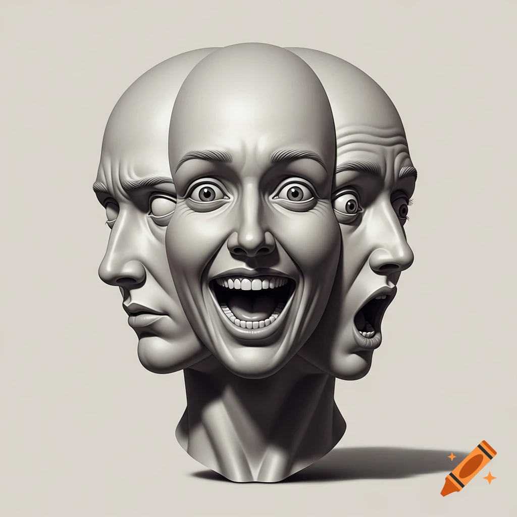 Grayscale sculptural rendering of a head with three faces showing thoughtful, joyous, and startled expressions.