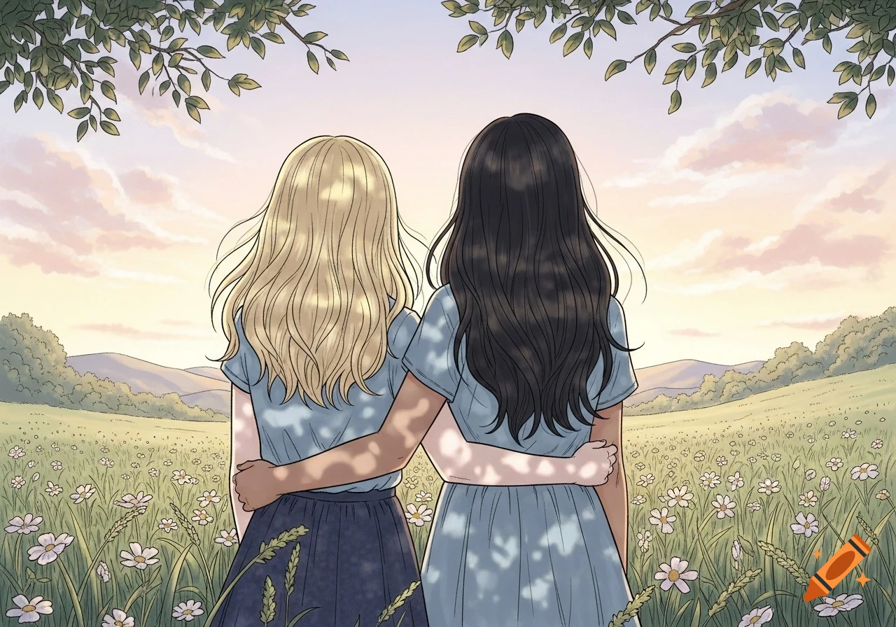 Two girls with blonde and dark hair, seen from behind, embracing in a sunny field of flowers, in an illustration style.
