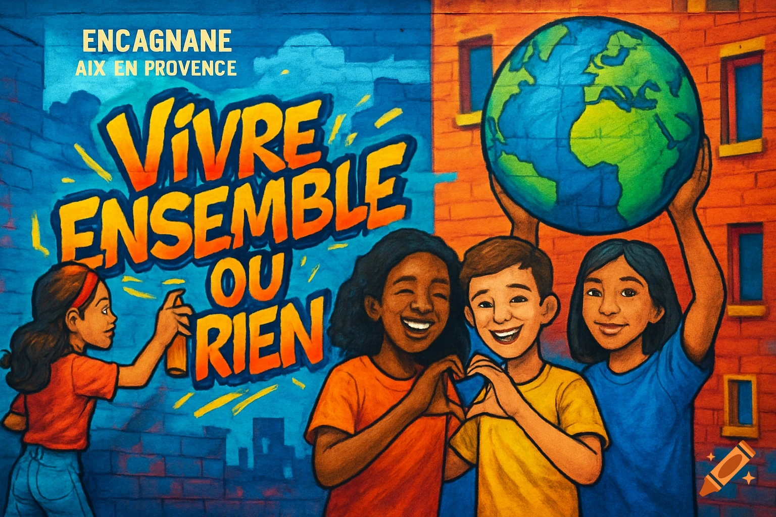 A colorful urban street art mural depicts a girl spray painting 'Vivre Ensemble Ou Rien,' three smiling children, two making a heart, and one holding a globe.