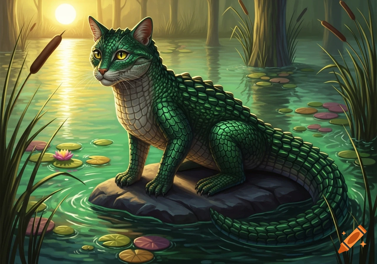 A green, scaly hybrid cat-crocodile sits on a rock in a swamp with lily pads and cattails at sunset, digital illustration.