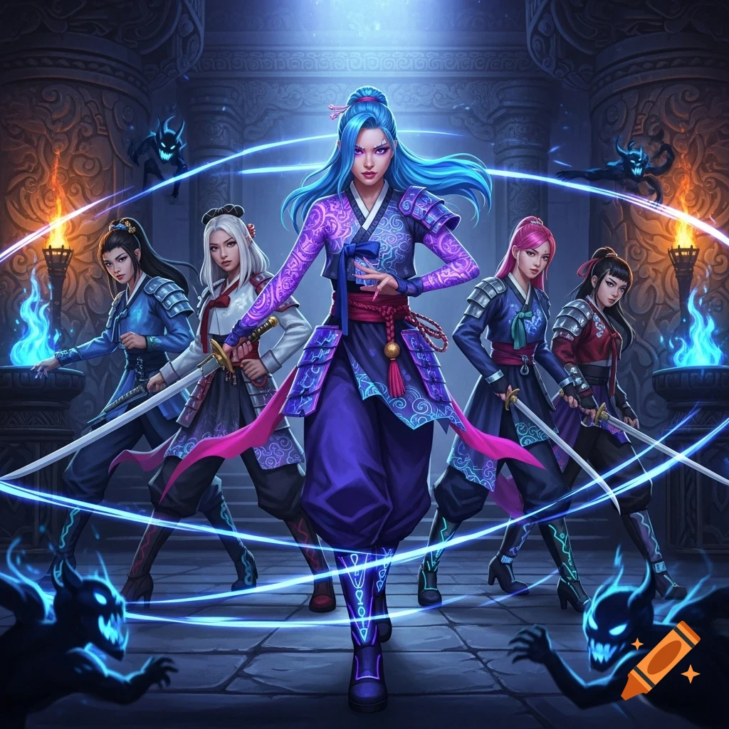Five female warriors with colorful hair and swords in an ornate temple with glowing energy and shadowy demons.