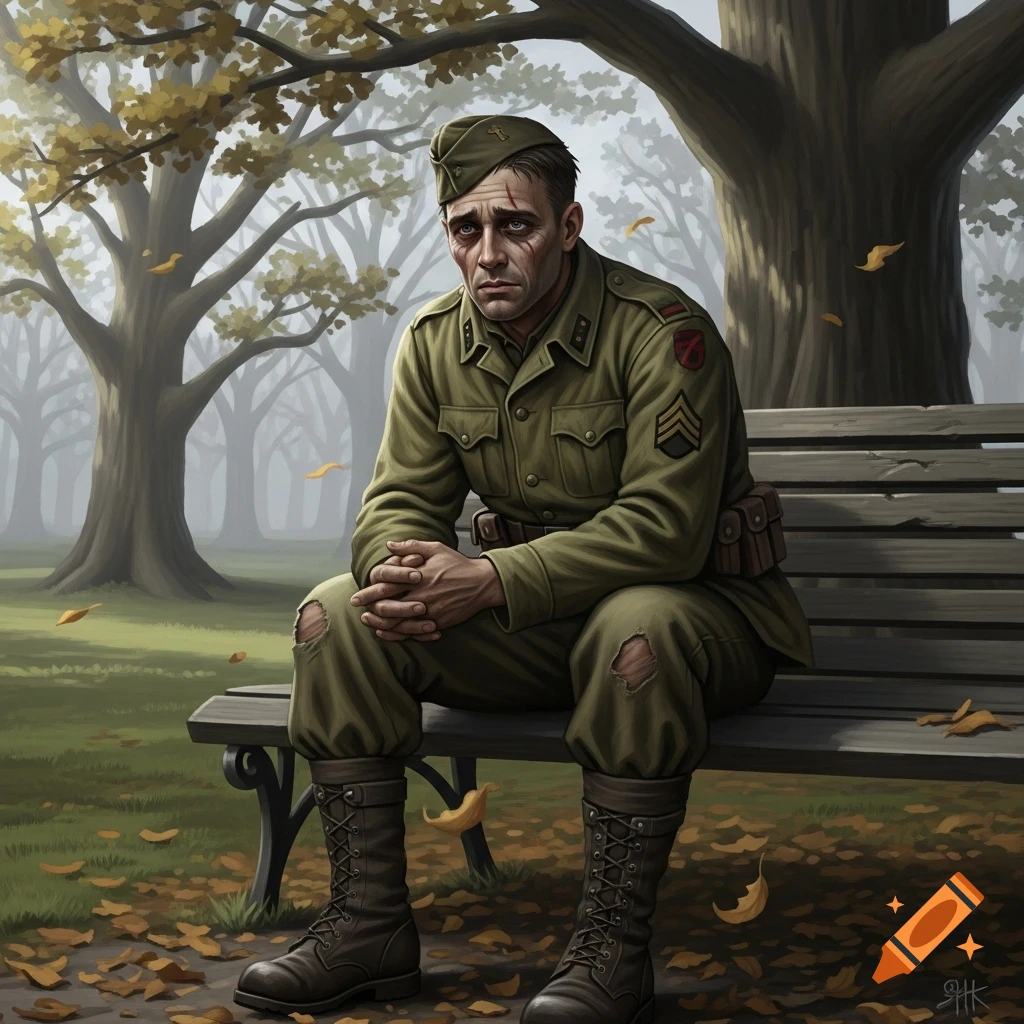 A solemn soldier with a tired face and ripped uniform sits alone on a park bench in autumn, surrounded by falling leaves.