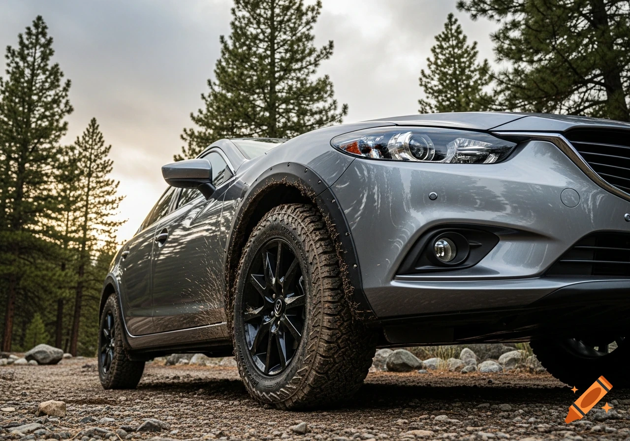 A low-angle, close-up shot of a silver Mazda car with muddy off-road tires, parked on a rocky dirt path among tall pine trees.