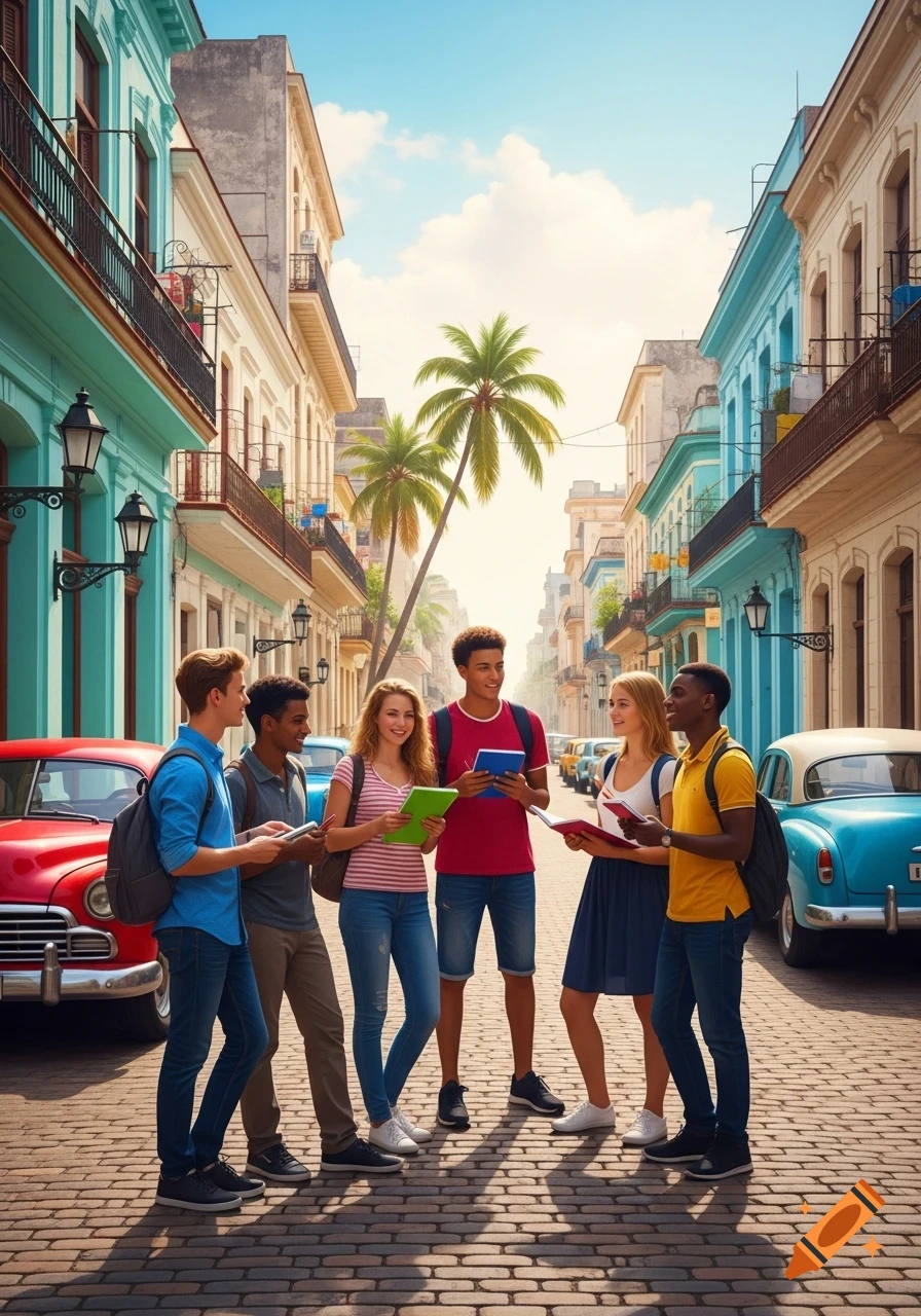 Diverse students talk on a sunny, cobblestone street in Cuba, flanked by colorful colonial buildings, palm trees, and classic cars.