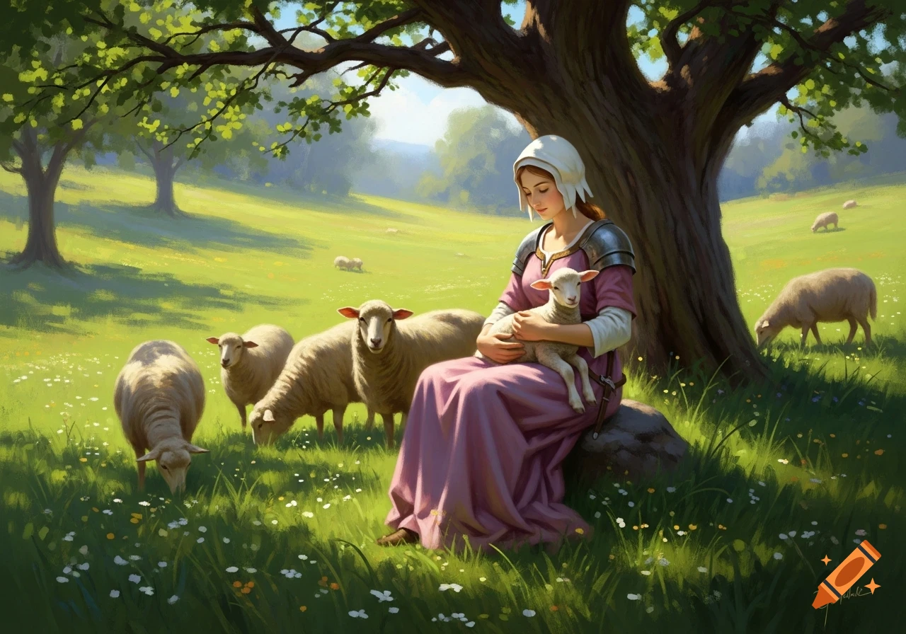 Impressionistic painting of a shepherdess in a pink dress sitting under a tree, holding a lamb, with sheep grazing in a sunny green meadow.