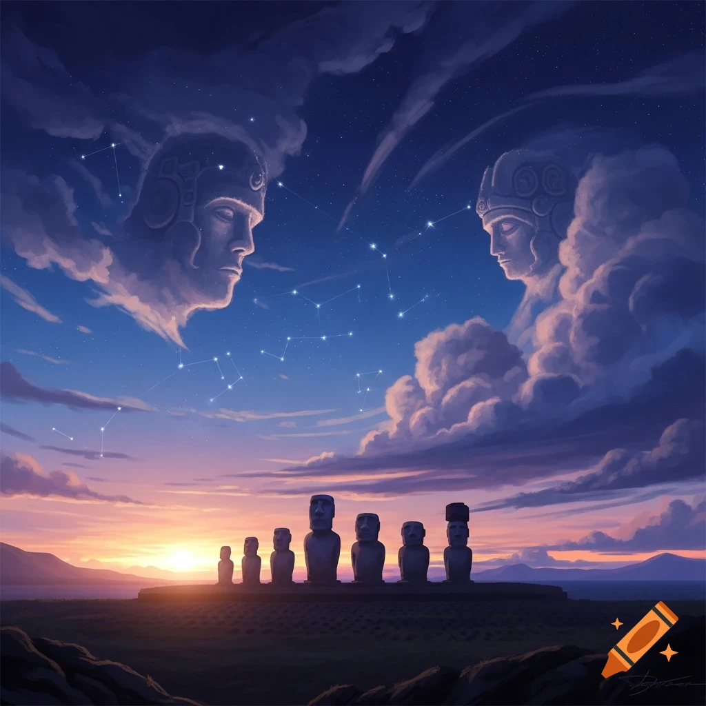 A fantasy landscape showing large, ancient-looking faces formed in clouds in a starry sunset sky, looking down at rows of Moai statues on a grassy plain.