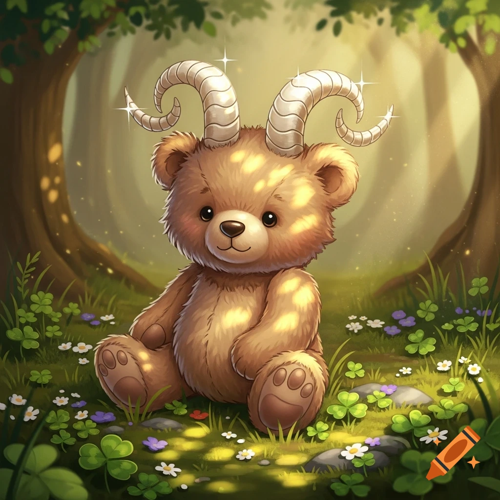 A cute brown teddy bear with spiral goat horns sits in a whimsical, softly lit forest clearing with clover and tiny flowers. Illustrated.