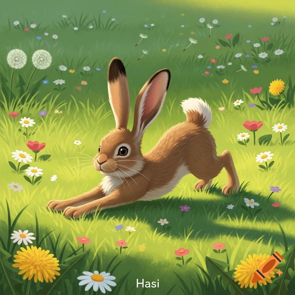 Cartoon brown rabbit named Hasi stretching in a vibrant green meadow filled with colorful daisies and dandelions.